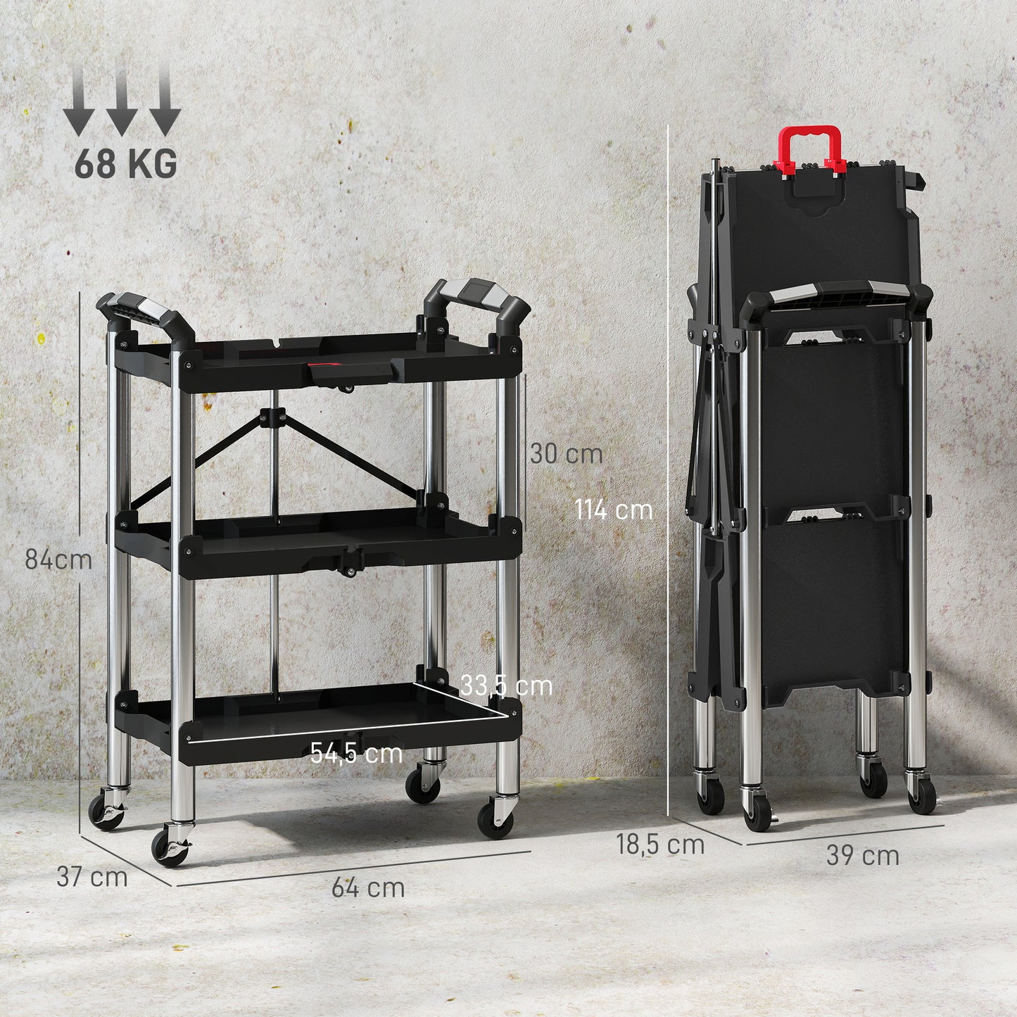 HOMCOM Werkzeug-Trolley, klappbarer 3-stufiger Werkzeugwagen, Kunststoff, Stahl, Schwarz