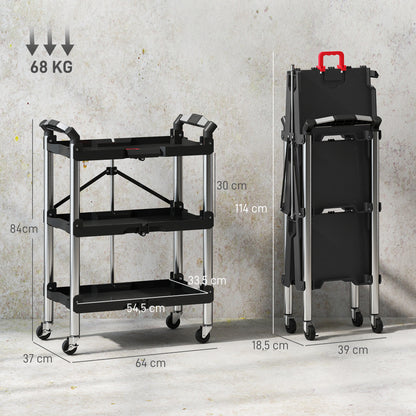 HOMCOM Werkzeug-Trolley, klappbarer 3-stufiger Werkzeugwagen, Kunststoff, Stahl, Schwarz