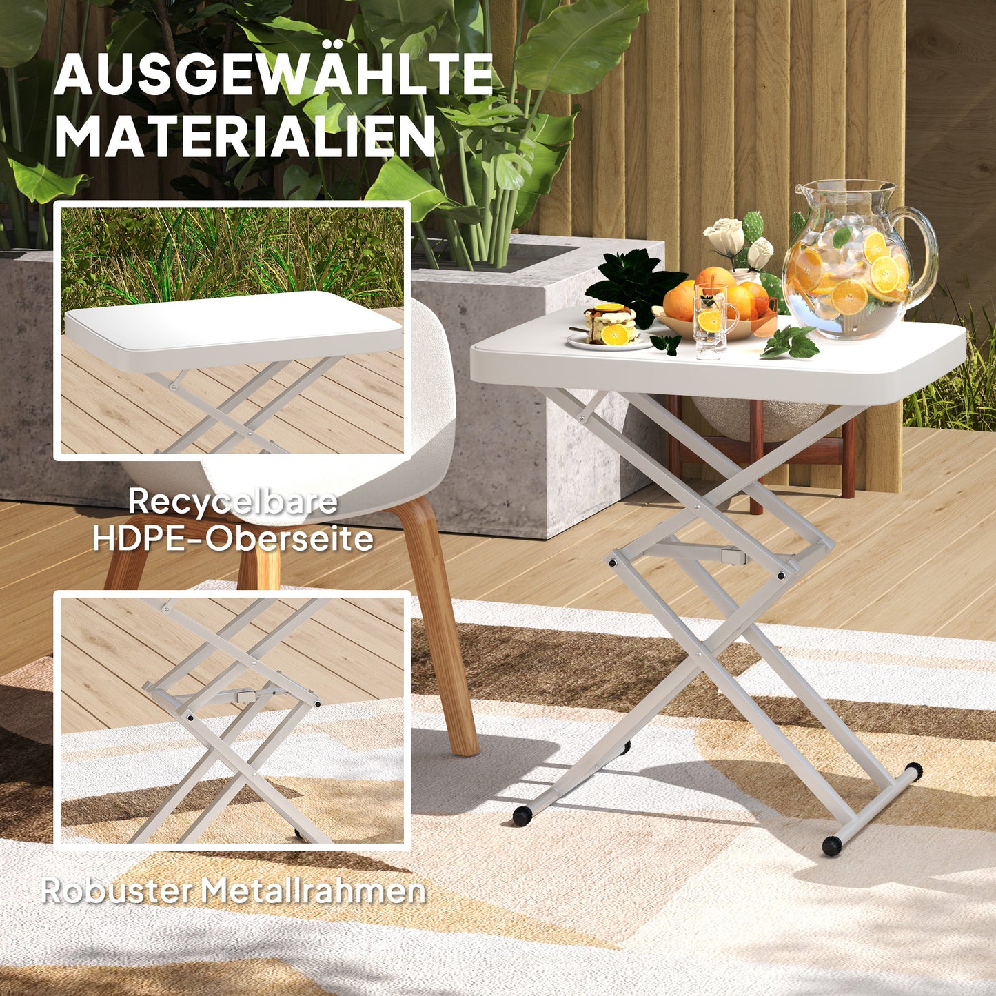 Outsunny Gartentisch, Tragbarer Tisch für den Außenbereich aus Kunststoff und Metall, Bistrotisch, für Terrasse, Garten, Weiß