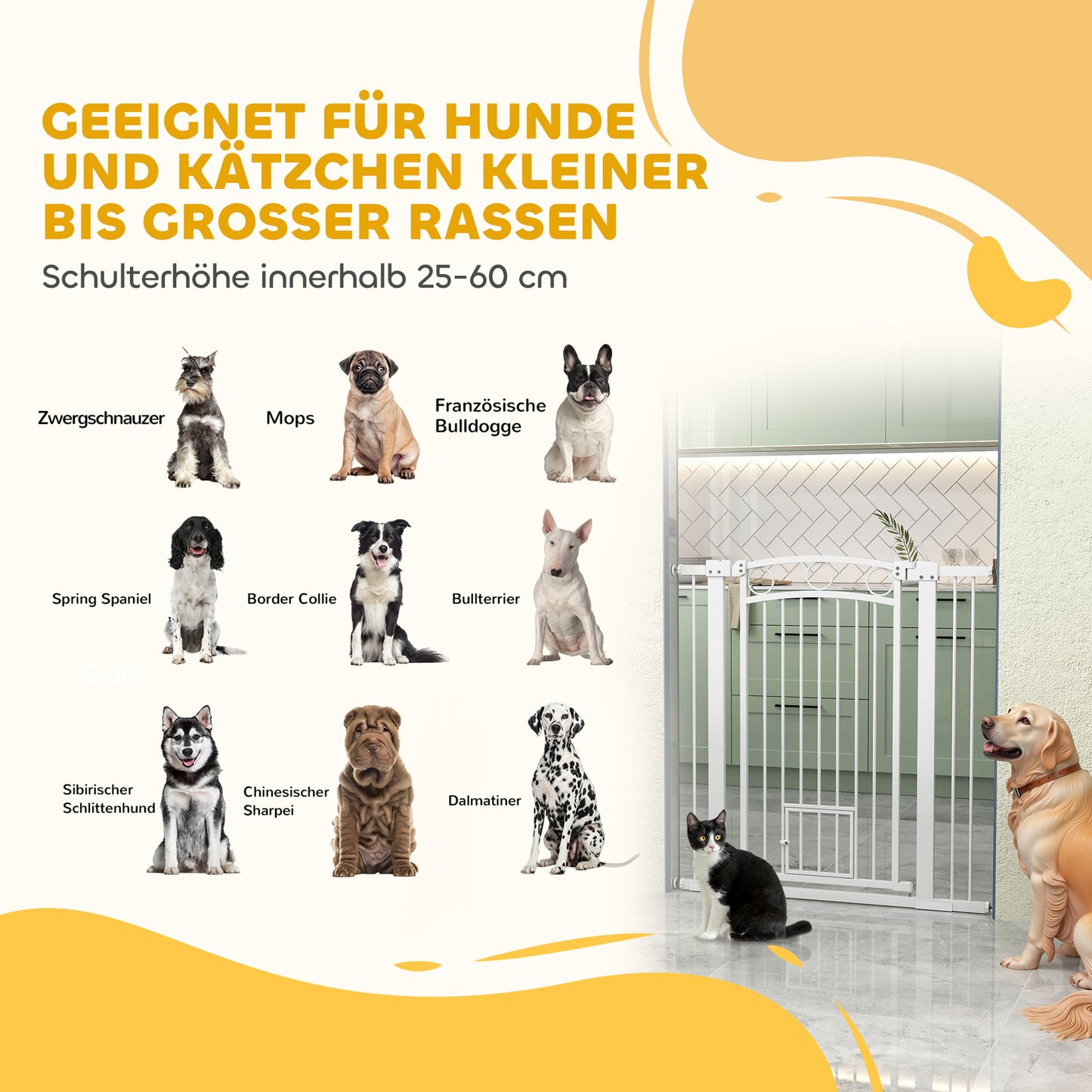 PawHut 106 cm hohes Haustiergitter mit anpassbarer Breite, integrierte Katzentür, für Treppen und Türrahmen, Weiß