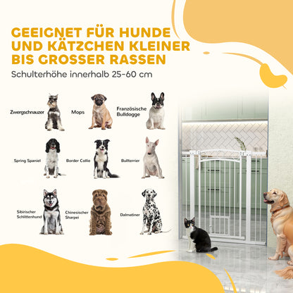 PawHut 106 cm hohes Haustiergitter mit anpassbarer Breite, integrierte Katzentür, für Treppen und Türrahmen, Weiß