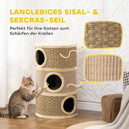 PawHut Kratztonne, 79 cm hoch, Ø45 cm, dreistöckige Katzentonne mit Sisalseil, Katzenhöhle, für große Katzen, Khaki+Braun