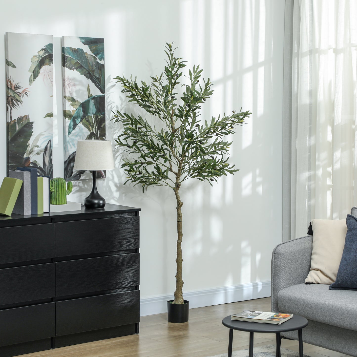 HOMCOM Kunstpflanze, Künstlicher Olivenbaum, 180 cm, 900 Blätter, 40 Oliven, stabiler Blumentopf, Dekorationspflanze, Grün