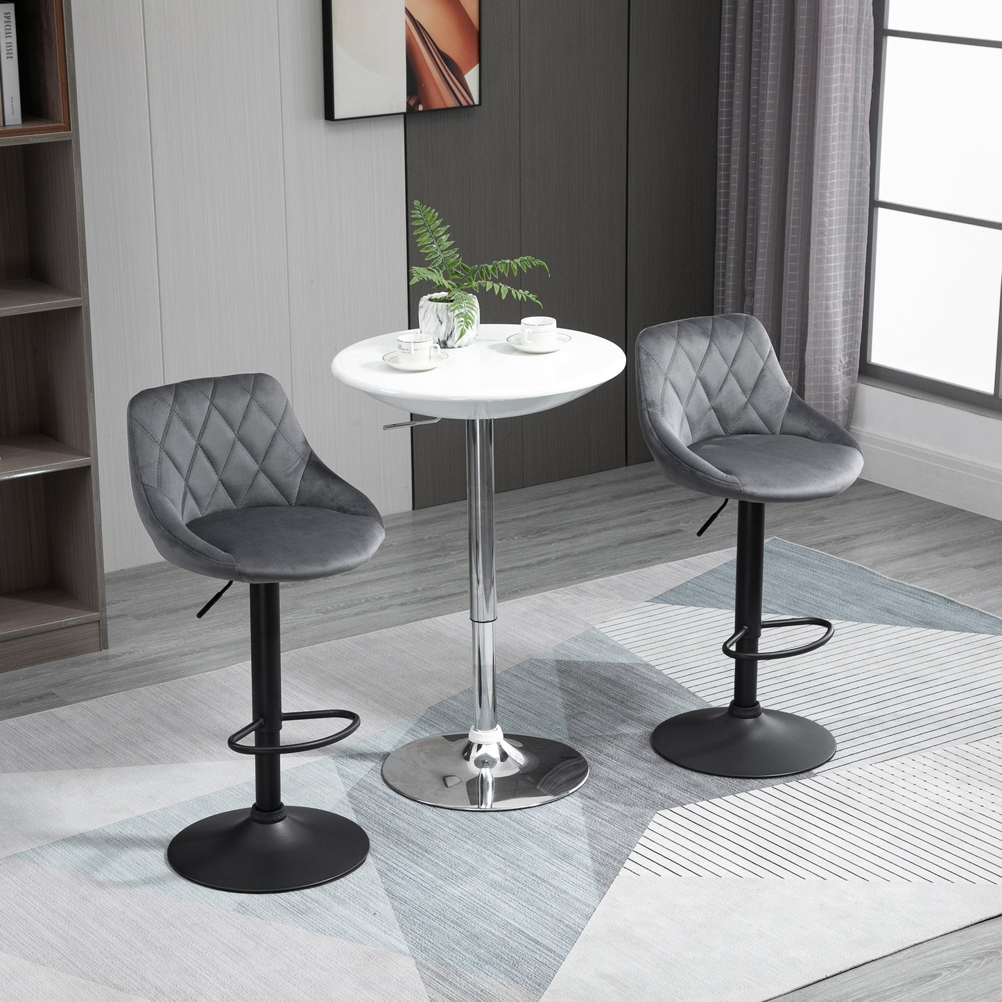 HOMCOM 2er-Set Barhocker, Höhenverstellbare Barstuhl mit Lehne, Samtoptik, Metallgestell, Fußstütze, drehbare, Dunkelgrau