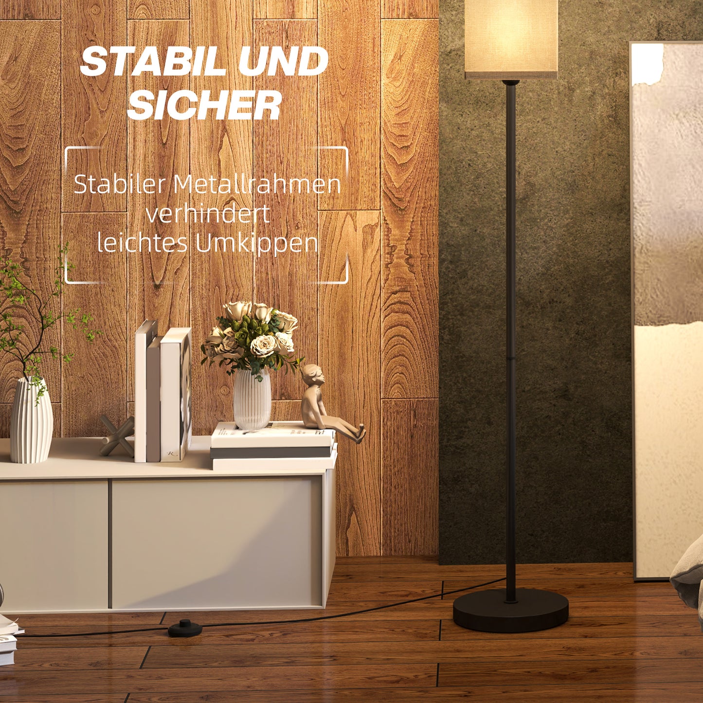 HOMCOM Moderne Stehlampe mit Kunstleinen-Schirm und Fußschalter, für Wohnzimmer und Schlafzimmer, Metall, Schwarz
