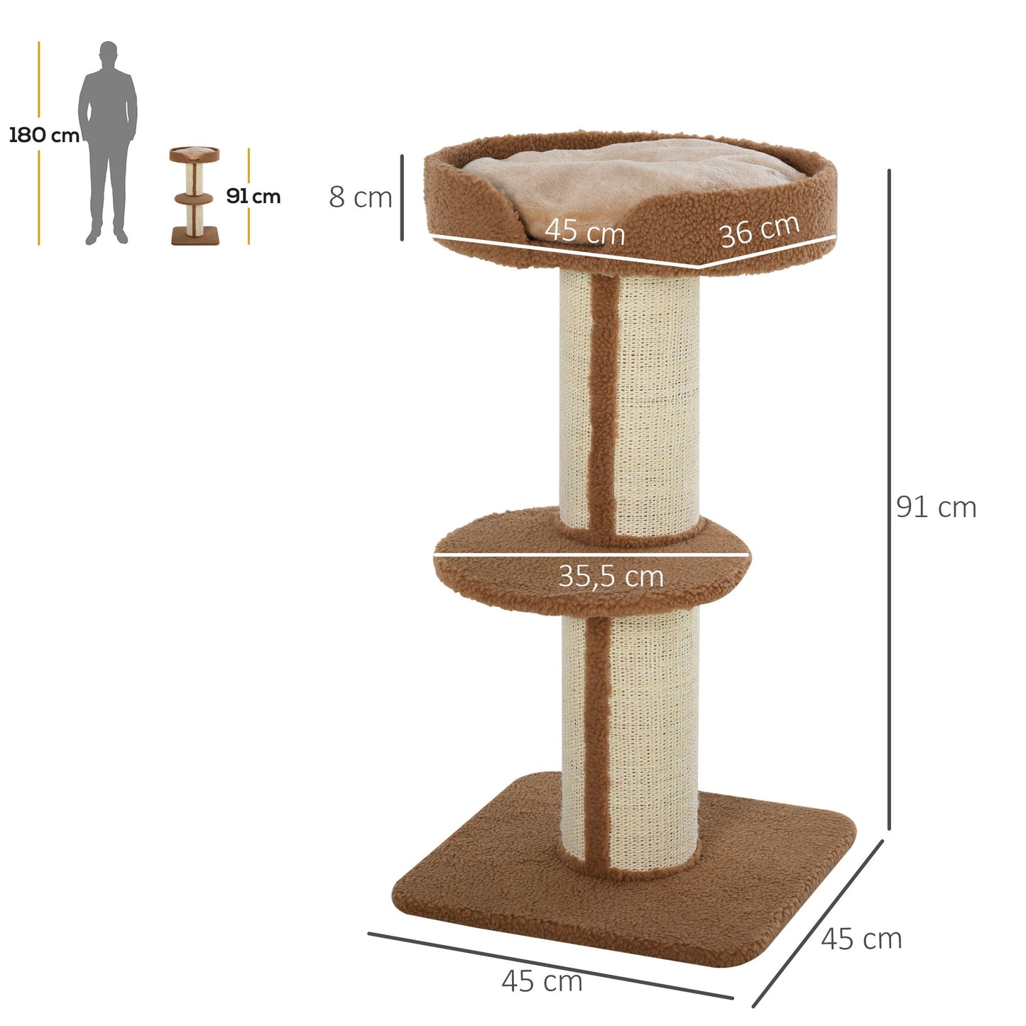 PawHut Kratzbaum 91 cm Katzenturm mit Sisalstämme, Plattform, Kissen mehrstöckiger Katzenkratzbaum, Kletterbaum, für mittelgroße Katzen, Hellbraun