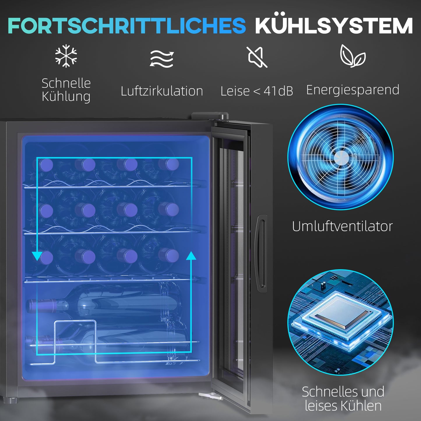 HOMCOM Freistehender Weinkühlschrank, 16 Flaschen, für Hausbar, Wohnzimmer, Küche Touchscreen, Glastür, LED-Beleuchtung