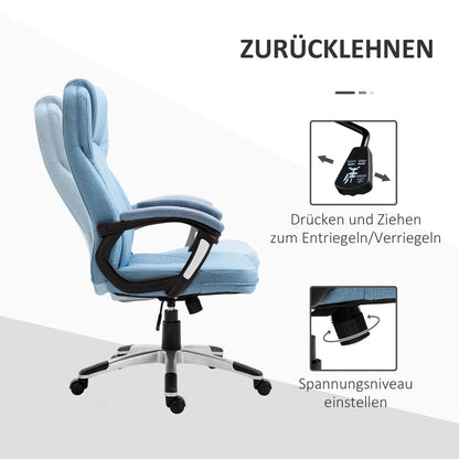 Vinsetto Bürostuhl Computerstuhl Drehstuhl höhenverstellbar Wippfunktion mit Kopfstütze und gepolsterte Armlehnen Ergonomisch Hellblau Leinen 66 x 75 x 110–120 cm