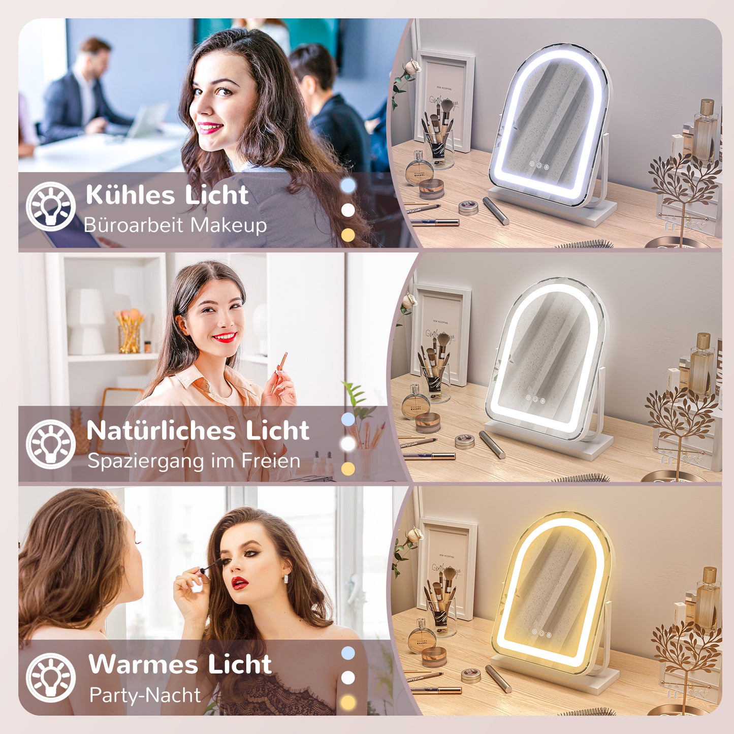 HOMCOM Kosmetikspiegel mit LED-Beleuchtung, 3 Lichttemperaturen, drehbar, Touch-Steuerung, Weiß