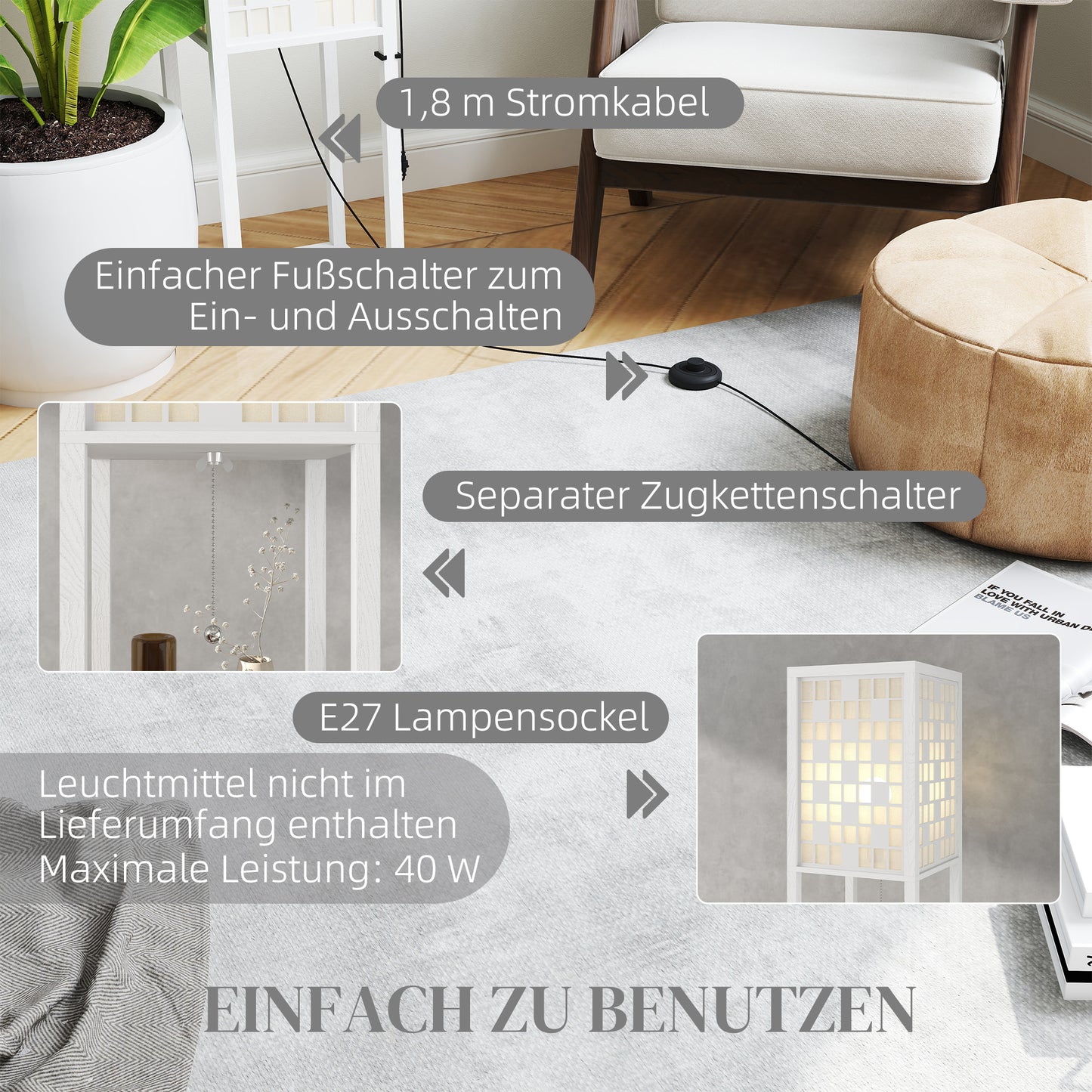 HOMCOM Stehlampe, Gittermuster, 2-Ebenen-Regale, für verschiedene Glühbirnen, Weiß