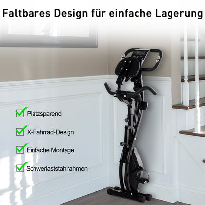HOMCOM Heimtrainer X-Bike 2-in-1 Fahrradtrainer mit LCD-Display,Pulsmesser, klappbarer Hometrainer Trimmrad mit 8 stufig Magnetwiderstand, 1 Paar Spannseil, Stahl Schwarz 105x48x118 cm