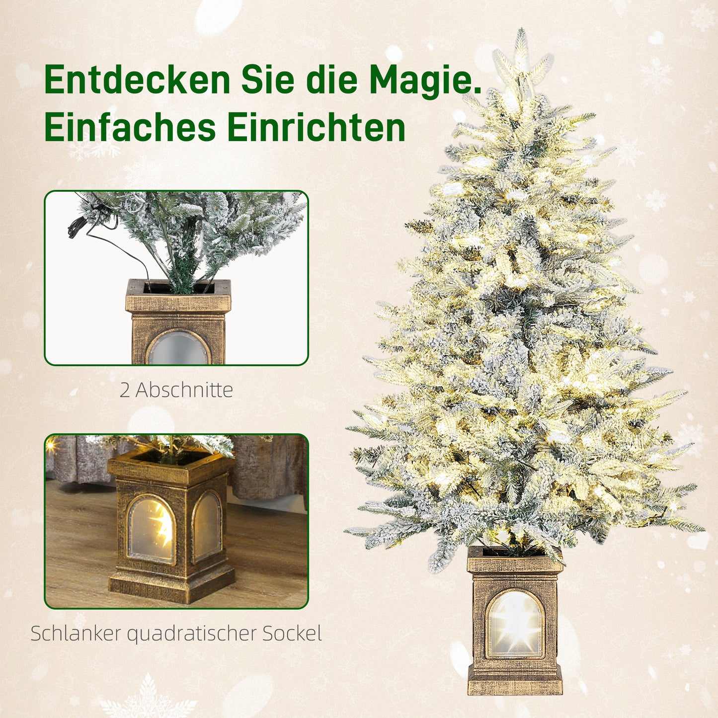 HOMCOM Künstlicher Weihnachtsbaum, schneebedeckter Look, 100 LEDs, 8 Modi, Kunststoff