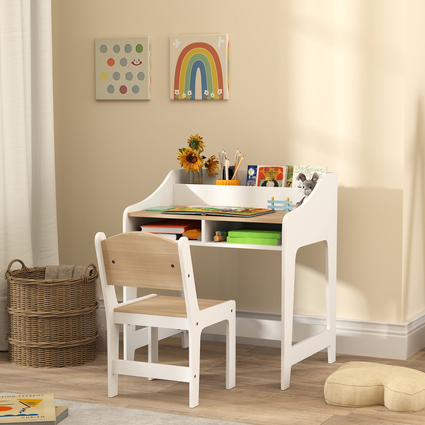 AIYAPLAY Kinder-Schreibtisch-Set mit Stauraum, offene Fächer, Stuhl, 3-8 Jahre, Holz