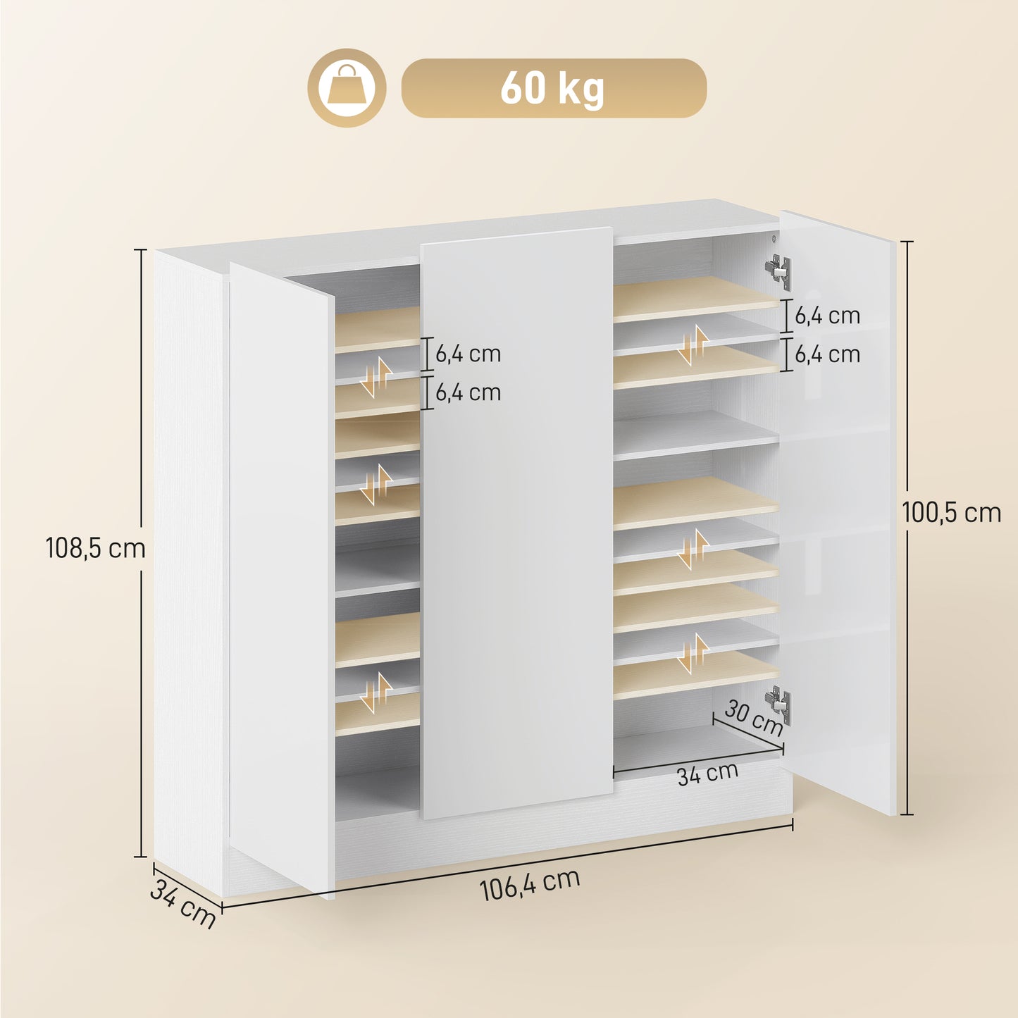 HOMCOM Schuhschrank mit 10 Regalen für 25-30 Schuh-Paare, Lüftungslöcher, Soft-Close-Türen, Holz, Weiß