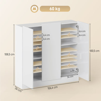 HOMCOM Schuhschrank mit 10 Regalen für 25-30 Schuh-Paare, Lüftungslöcher, Soft-Close-Türen, Holz, Weiß