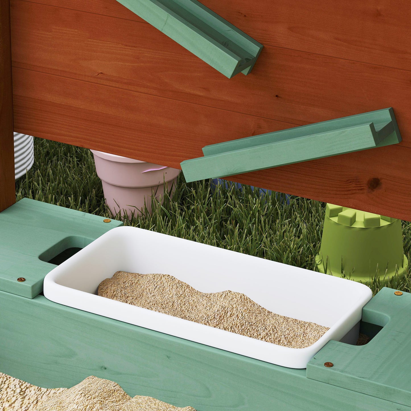 AIYAPLAY Sandkasten mit Sonnendach für Kinder, 2 Aufbewahrungsbehälter, 116L x 112,5B x 128H cm, Tannenholz, Kunststoff, Grün