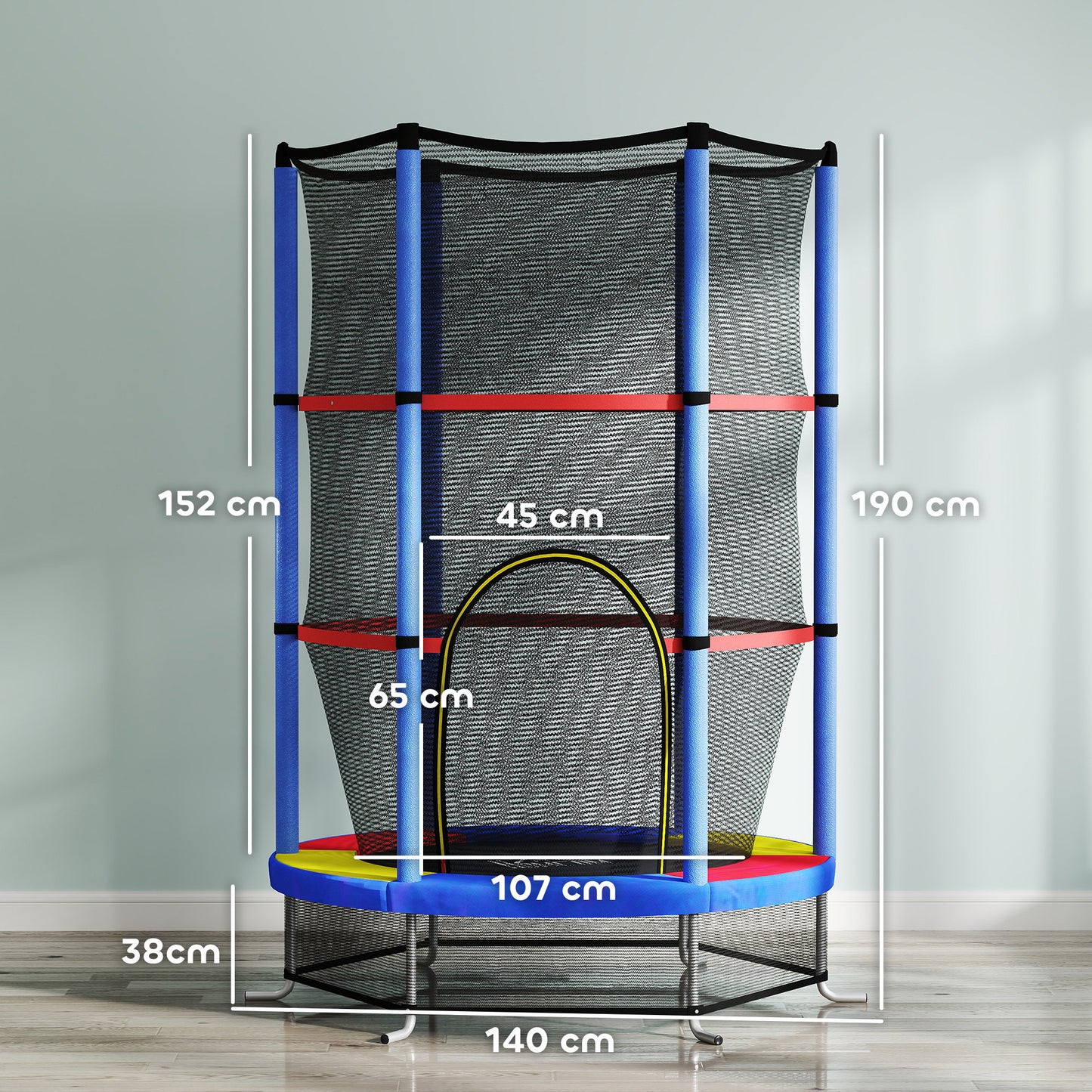 HOMCOM Kindertrampolin, Sicherheitsnetz, Gummifederung, bis 45 kg, Stahlgestell, Ø140x160cm, Bunt