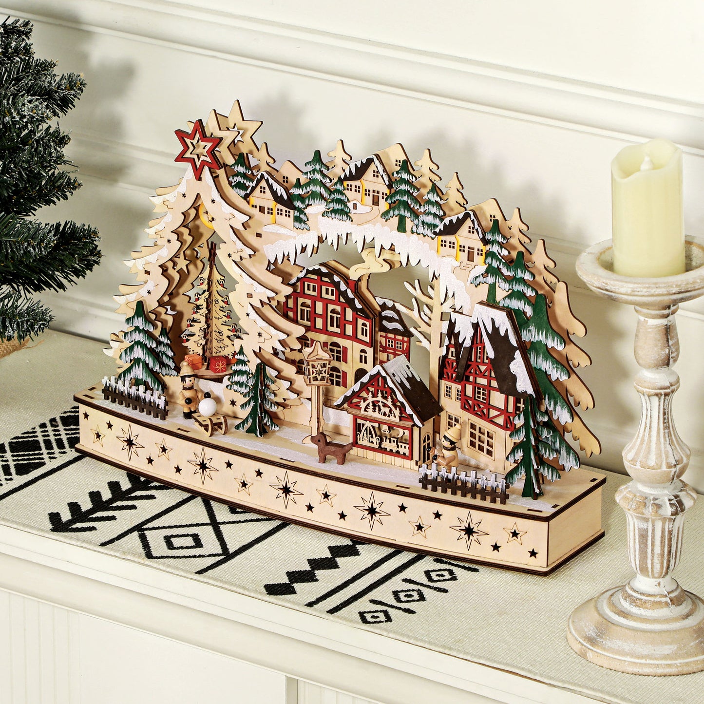 HOMCOM Weihnachtsdorf im Winterwunderland, 20 LED-Lichter, mehrschichtig, Naturholz, 45 x 12 x 30 cm