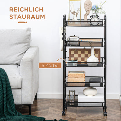 HOMCOM Küchenwagen mit 5 Drahtkörben, 4 Haken, 4 Rollen, 2 Griffe, Stahl/Kunststoff, 45x26,5x106 cm, Weiß