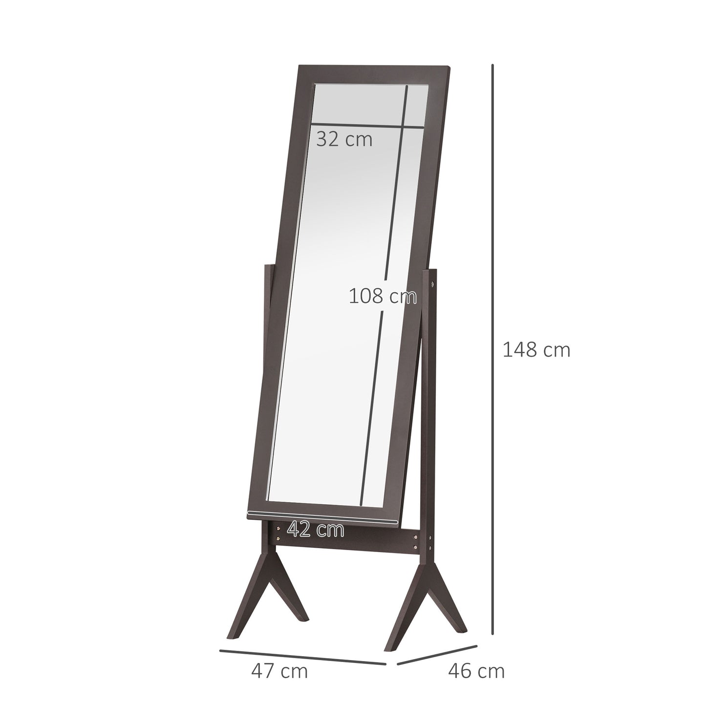 HOMCOM Standspiegel Ganzkörperspiegel Schminkspiegel Erhöhte Füße Pflegeleicht MDF Kaffee 47 x 46 x 148 cm