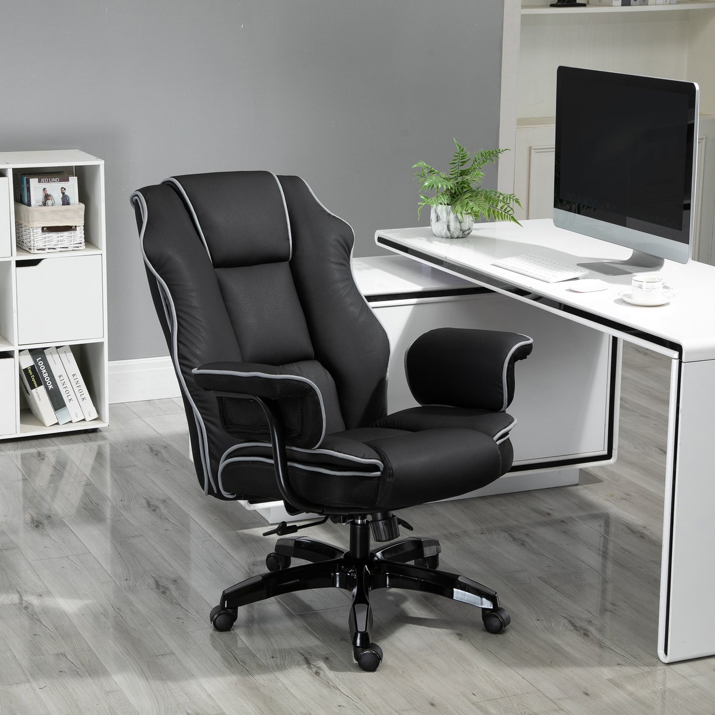 Vinsetto Bürostuhl, Ergonomisch Schreibtischstuhl mit Liegefunktion, Drehfunktion, Höhenverstellbar Computerstuhl für Home-Office, Kunstleder, Schwarz