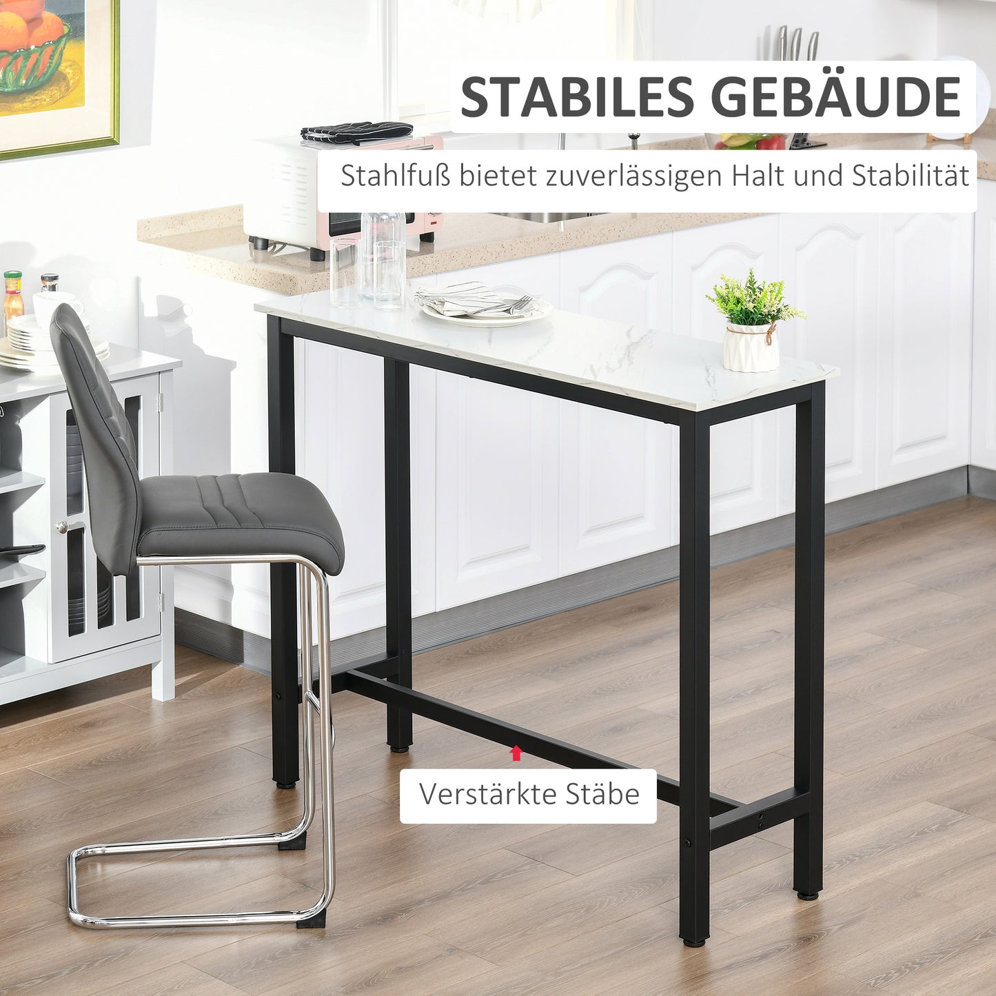HOMCOM Bartisch in Marmoroptik, Stahlrahmen, Nivellierfüße, 120x40x100 cm, Weiß/Schwarz