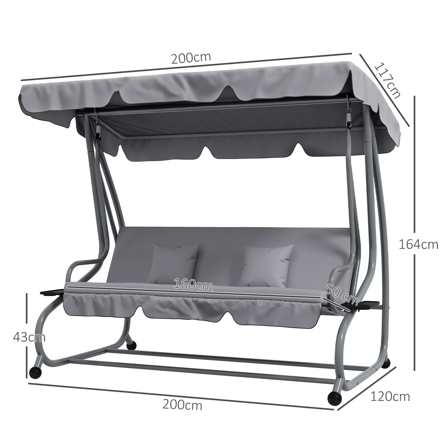 Outsunny 2-in-1 Hollywoodschaukel mit Liegefunktion, verstellbares Dach, bis 340 kg, Stahl, 200x120x164 cm, Grau