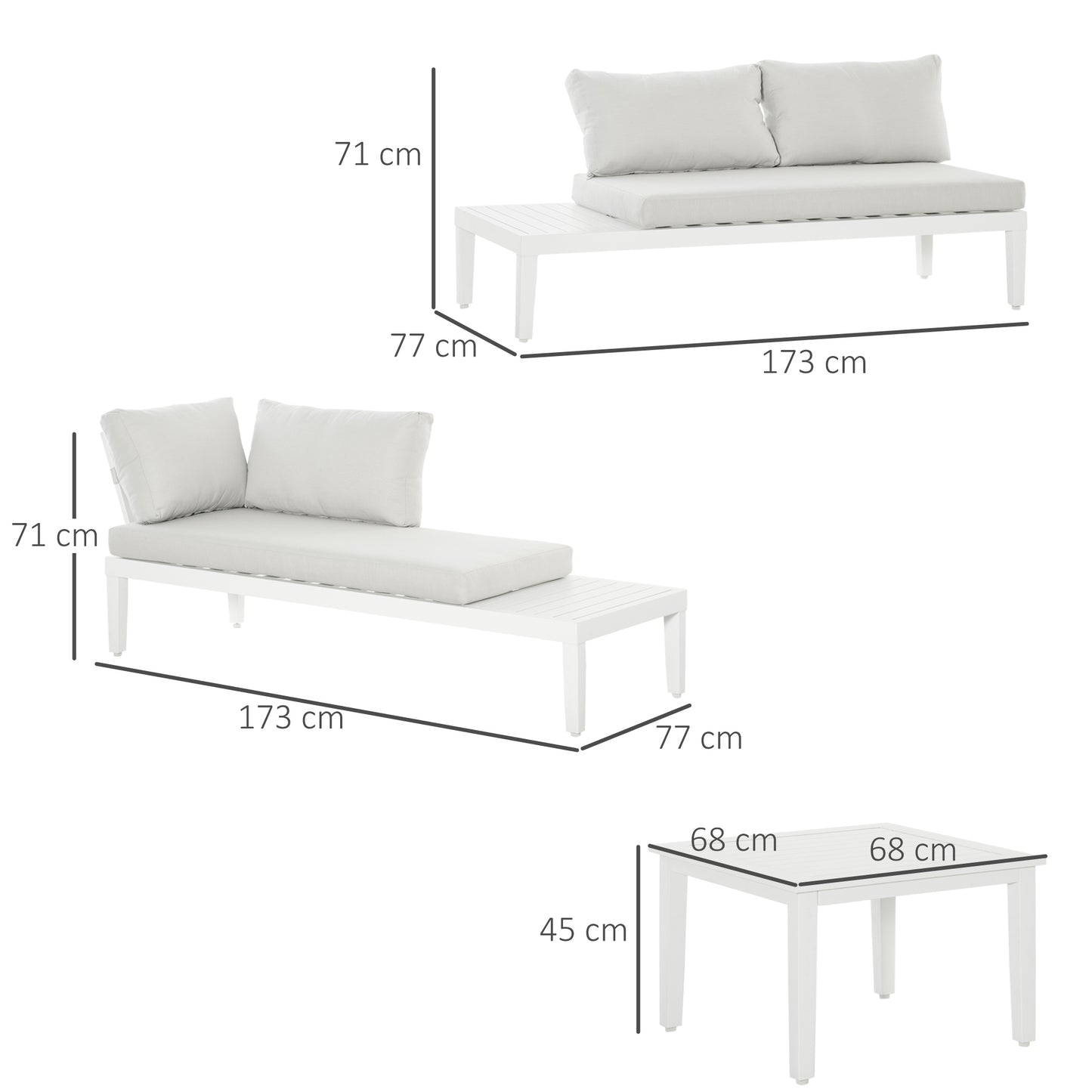 Outsunny Gartenmöbel-Set für 3 Personen mit Beistelltisch Sofa mit Kissen L-Form Outdoor Aluminium Cremeweiß
