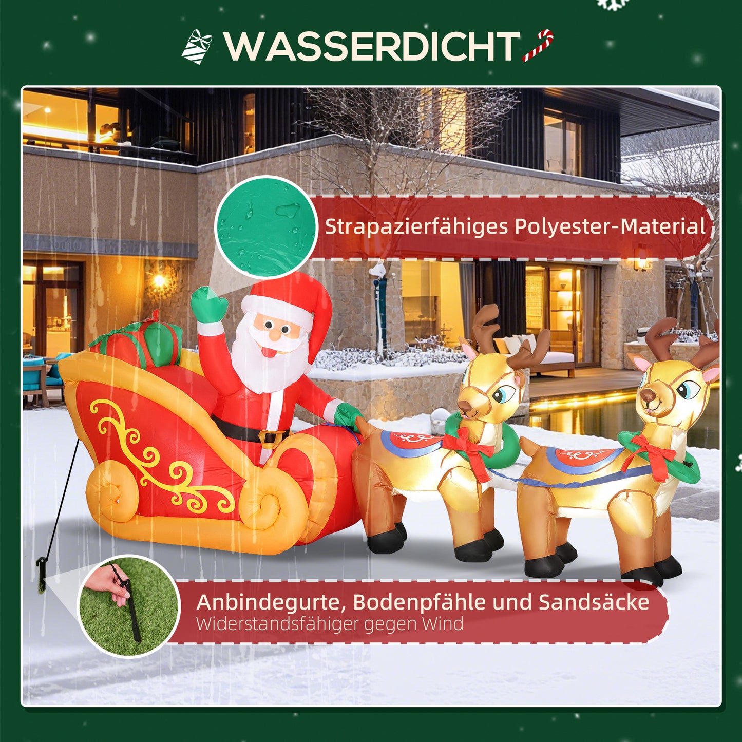 Outsunny Aufblasbare Weihnachtsdekoration, Weihnachtsmann im Rentierschlitten, Polyester