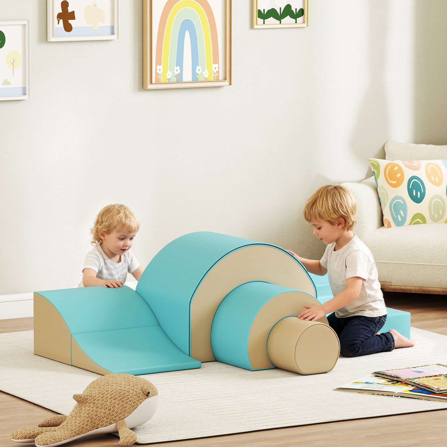 AIYAPLAY 5-teiliges Softbaustein-Set für Babys & Kleinkinder, Schaumstoff, Kunstleder, 5 kreative Formen, Indoor-Set zum Klettern, Krabbeln, Spielen, Grün