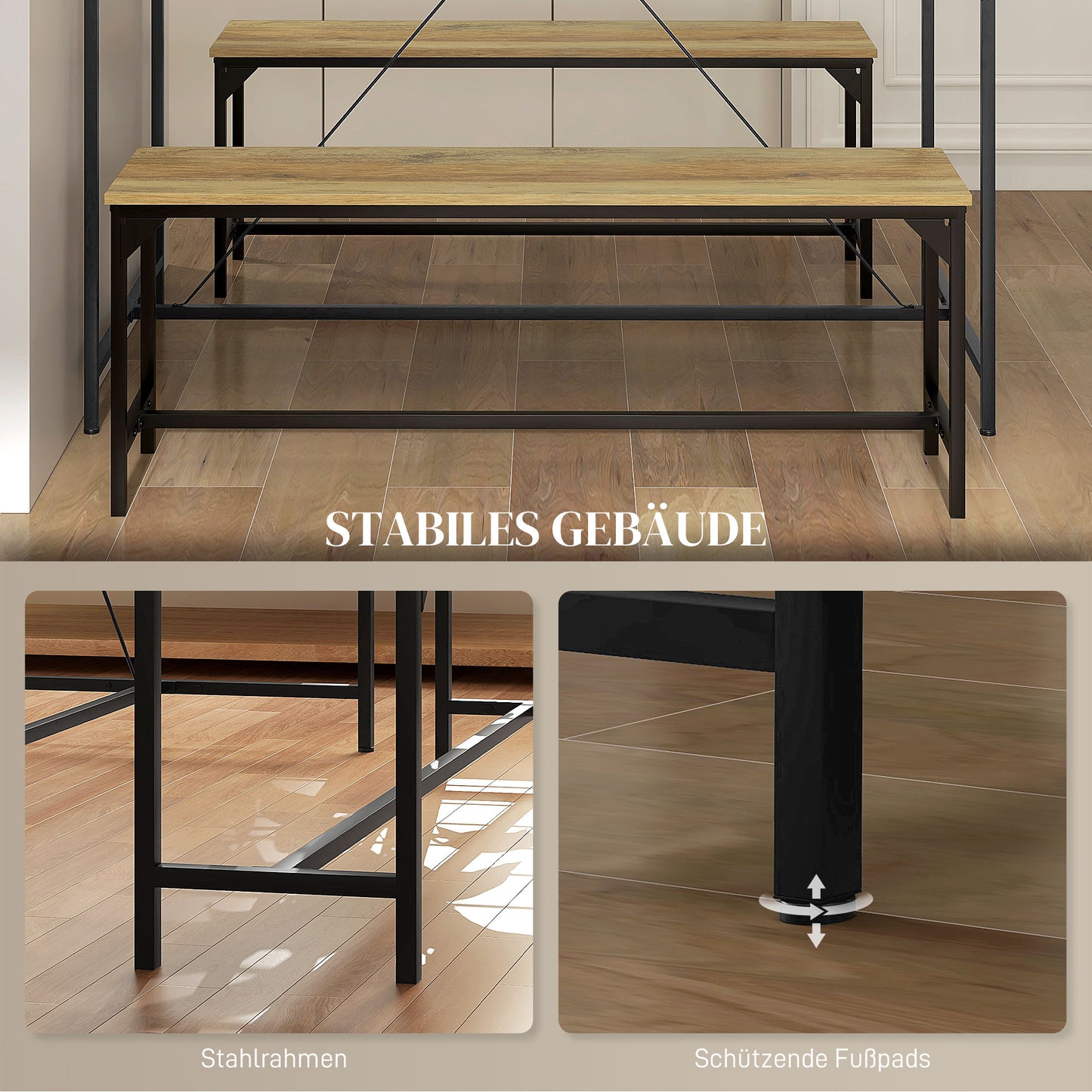 HOMCOM Essgarnitur, Tisch &amp; 2 Bänke, Industrial Design, Stahlrahmen, Holzdekor/Schwarz