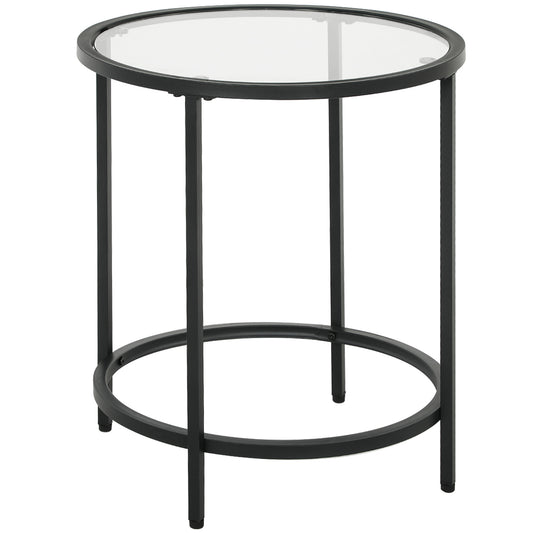 HOMCOM Runder Beistelltisch mit Glasplatte und Metallrahmen, kleiner Kaffeetisch für Wohnzimmer, Schlafzimmer, Schwarz