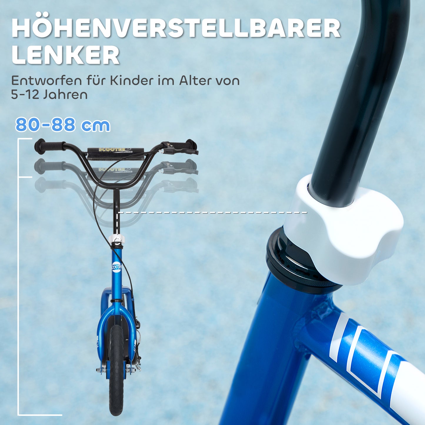AIYAPLAY Kinderroller mit verstellbarem Lenker, große Räder, Parkständer, Handbremse, für Kinder im Alter von 5-12 Jahren, Blau