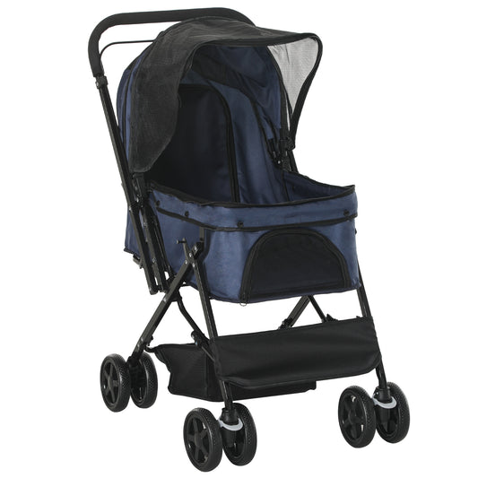 PawHut Hundewagen Hundebuggy bis 10kg verstellbares Vordach klappbar Bodenkorb 2 Bremsen Sicherheitsleine Blau