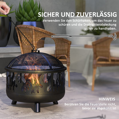 Outsunny Feuerschale Feuerstelle, inkl. Funkenschutz, 1 Schürhaken, Ø61,5 cm x 52 cm, Schwarz