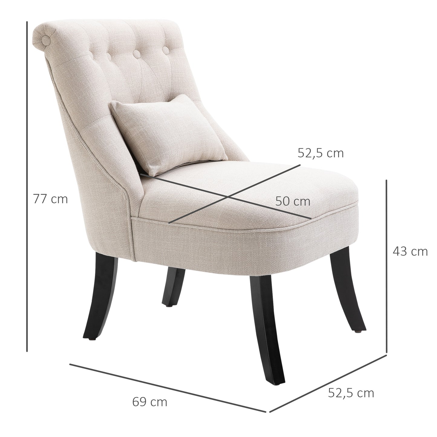HOMCOM Weicher Polstersessel mit Rückenkissen, zum Lesen und Ausruhen, Stoffbezug in Leinenoptik, 52,5 x 69 x 77 cm, Cremeweiß