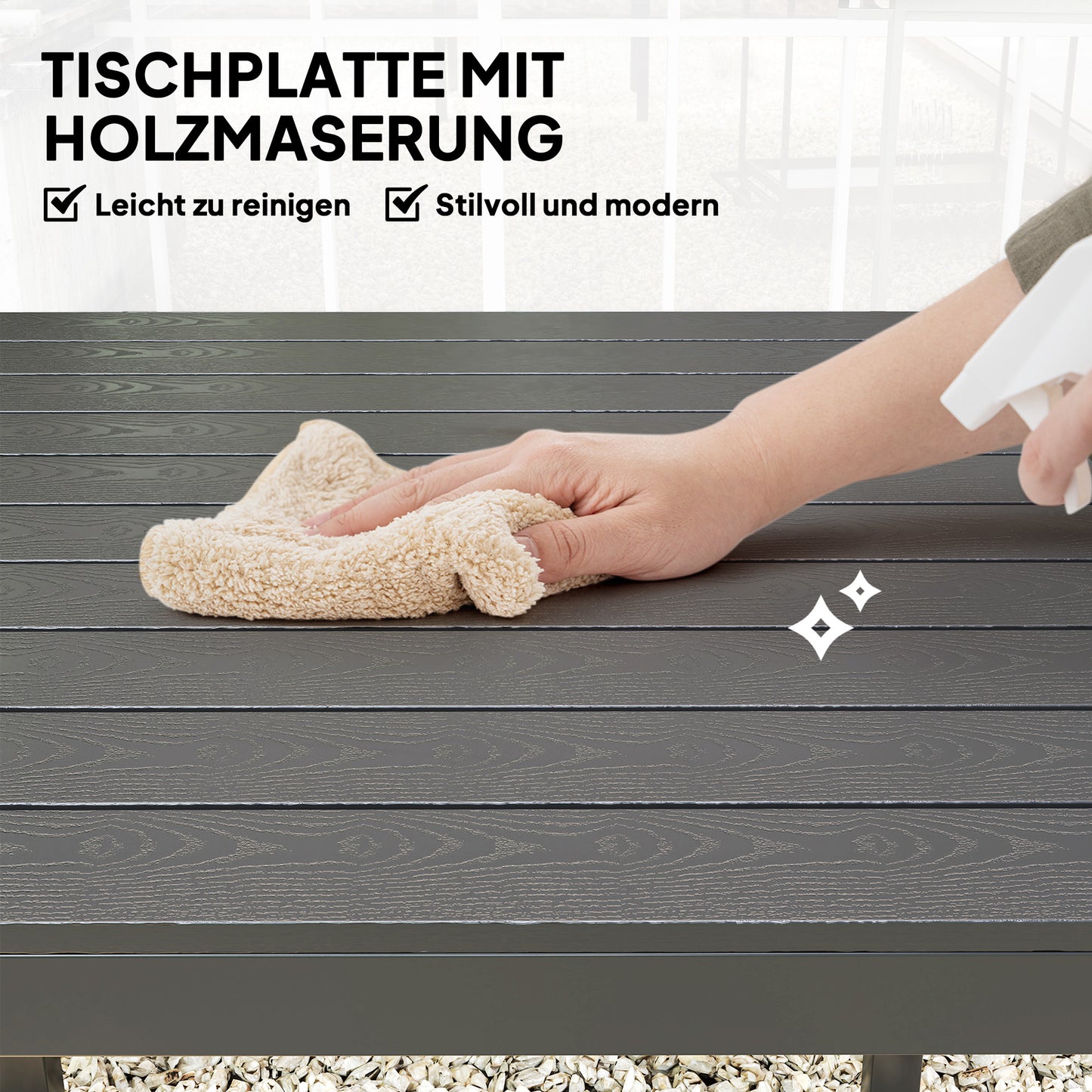 Outsunny Gartentisch Aluminium 73x73 cm Wetterfest Buffettisch mit Holzoptik, Campingtisch für 4 Personen Schwarz