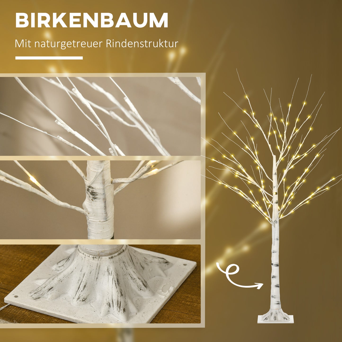 HOMCOM Künstliche Birke mit LEDs, biegsame Äste, Kunststoff und Metall, 150 cm, Weiß