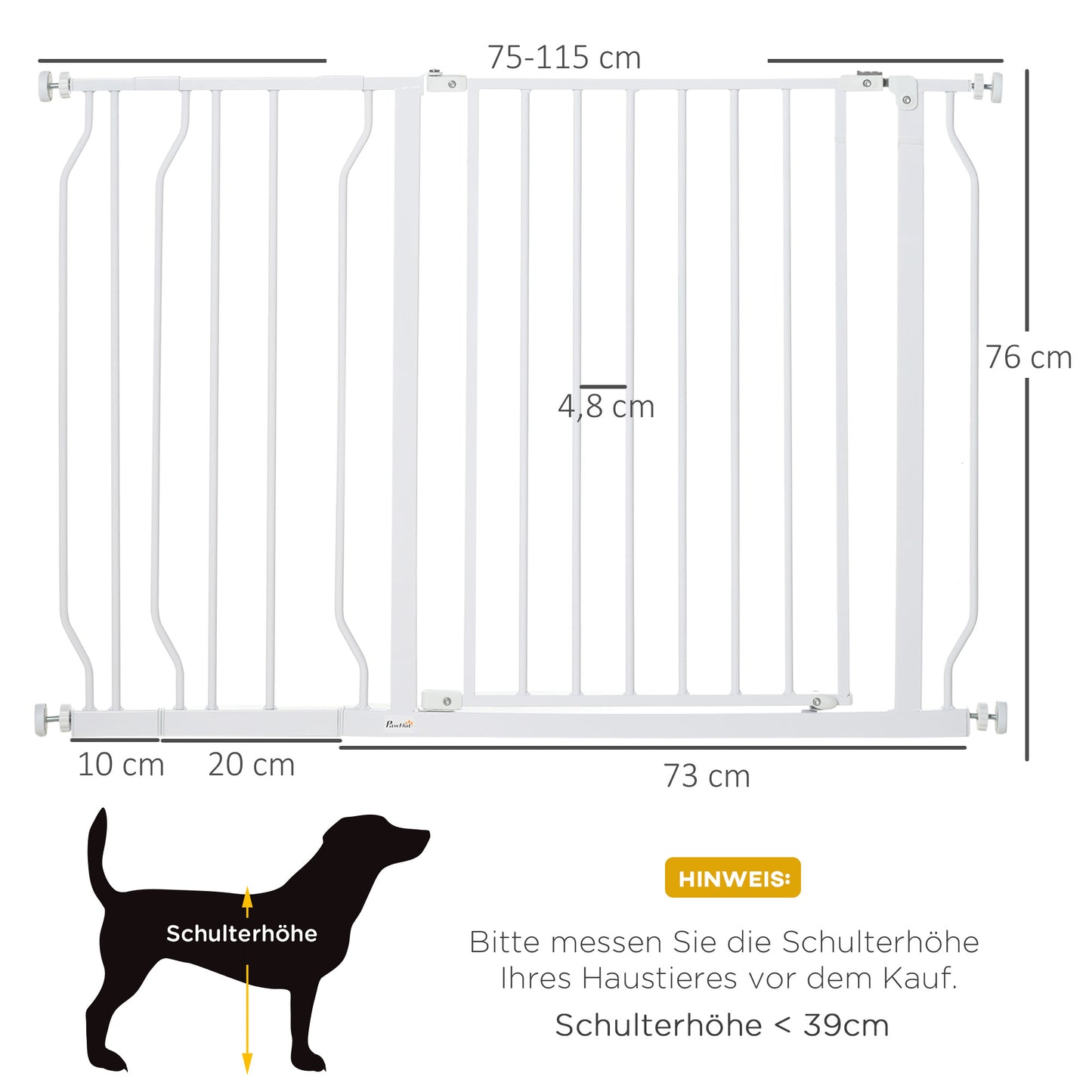 PawHut Hunde-Absperrgitter, Klemmmontage, verstellbare Länge, Stahl/ABS, 75-115 x 76 سم, فايس