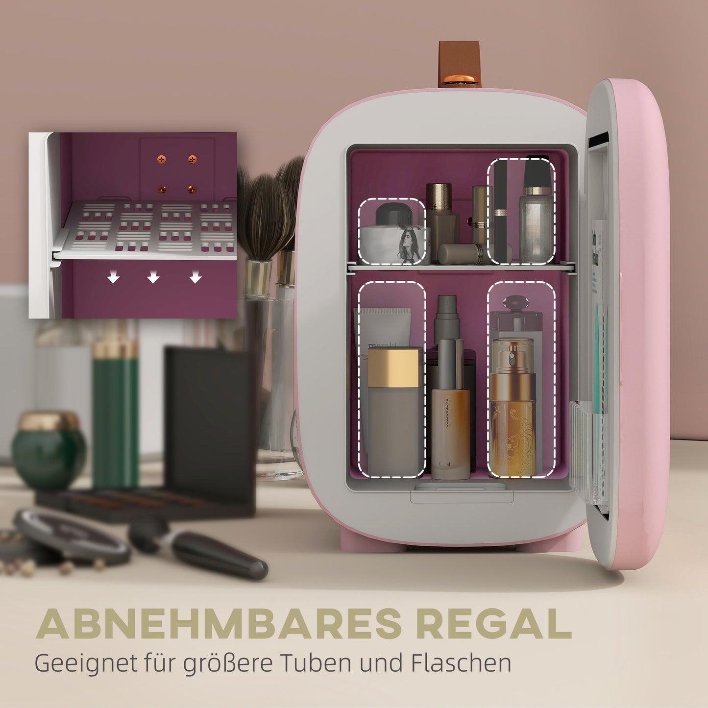 HOMCOM Mini Kühlschrank Kühlschrank Beauty Fridge, 4 L Fassungsvermögen, 20,3 x 26,3 x 28 cm, Rosa