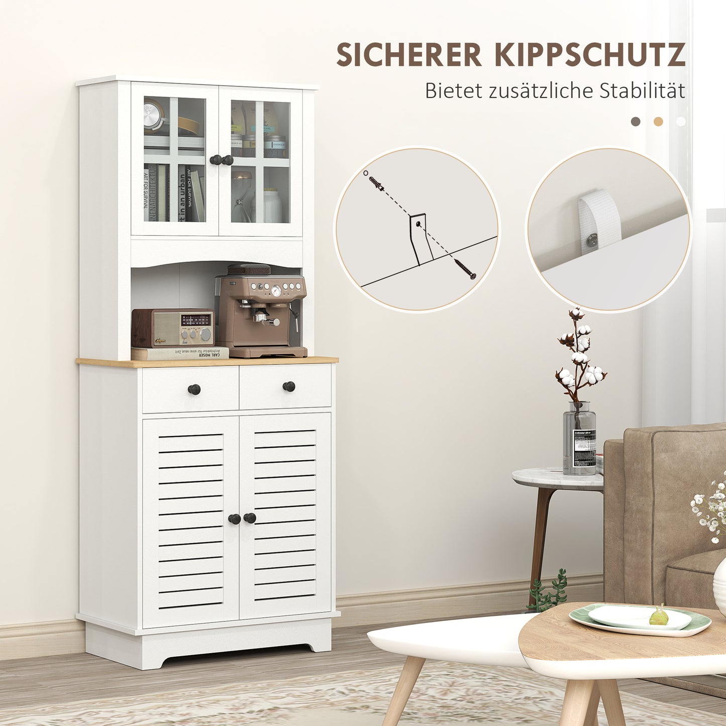 HOMCOM Küchenschrank mit Glastüren, 2 Schubladen, Geschirrschrank, Esszimmerschrank, Holz, 68 x 39,5 x 170 cm, Weiß