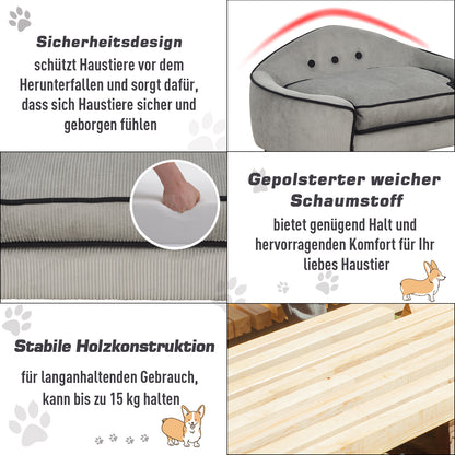 PawHut Haustiersofa, Hundebett, Hundematte, Hundesofa, Naturholz+Plüsch, Grau, 66,5 x 45 x 35,5 cm