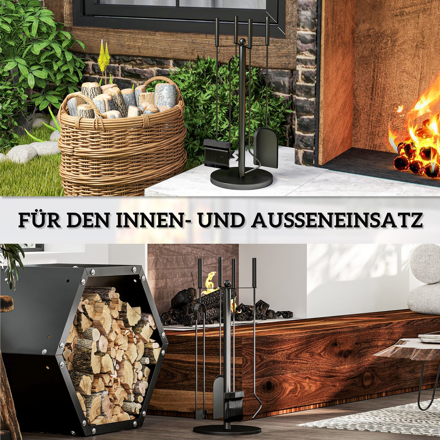 Outsunny Kaminbesteck, 5-teilig, Besen, Schaufel, Zange, Schürhaken und Ständer, feuerfestes Metall, Schwarz