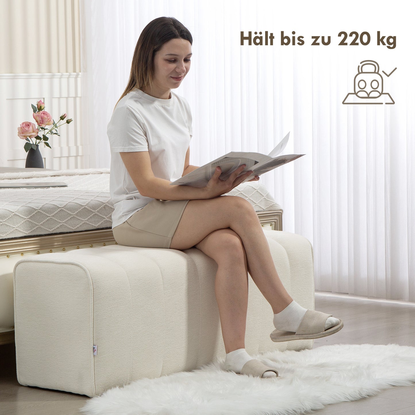 HOMCOM Moderne Schlafzimmerbank, Polsterbank mit Holzrahmen, bis zu 220 kg belastbar, Fußstütze, Cremeweiß