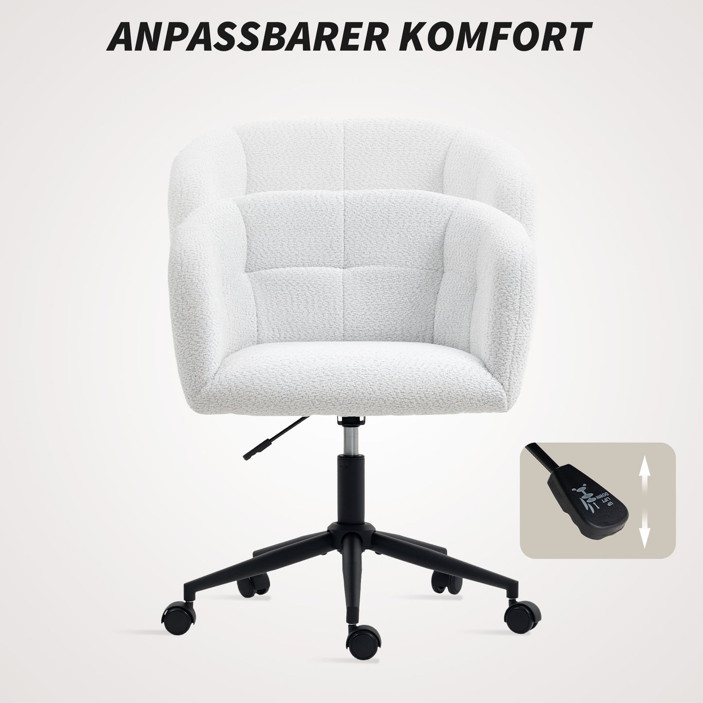 HOMCOM Gepolsterter Bürostuhl mit Plüschbezug, Wannen-Design, rollbarer Schreibtischstuhl, Stahlbasis, Creme+Schwarz