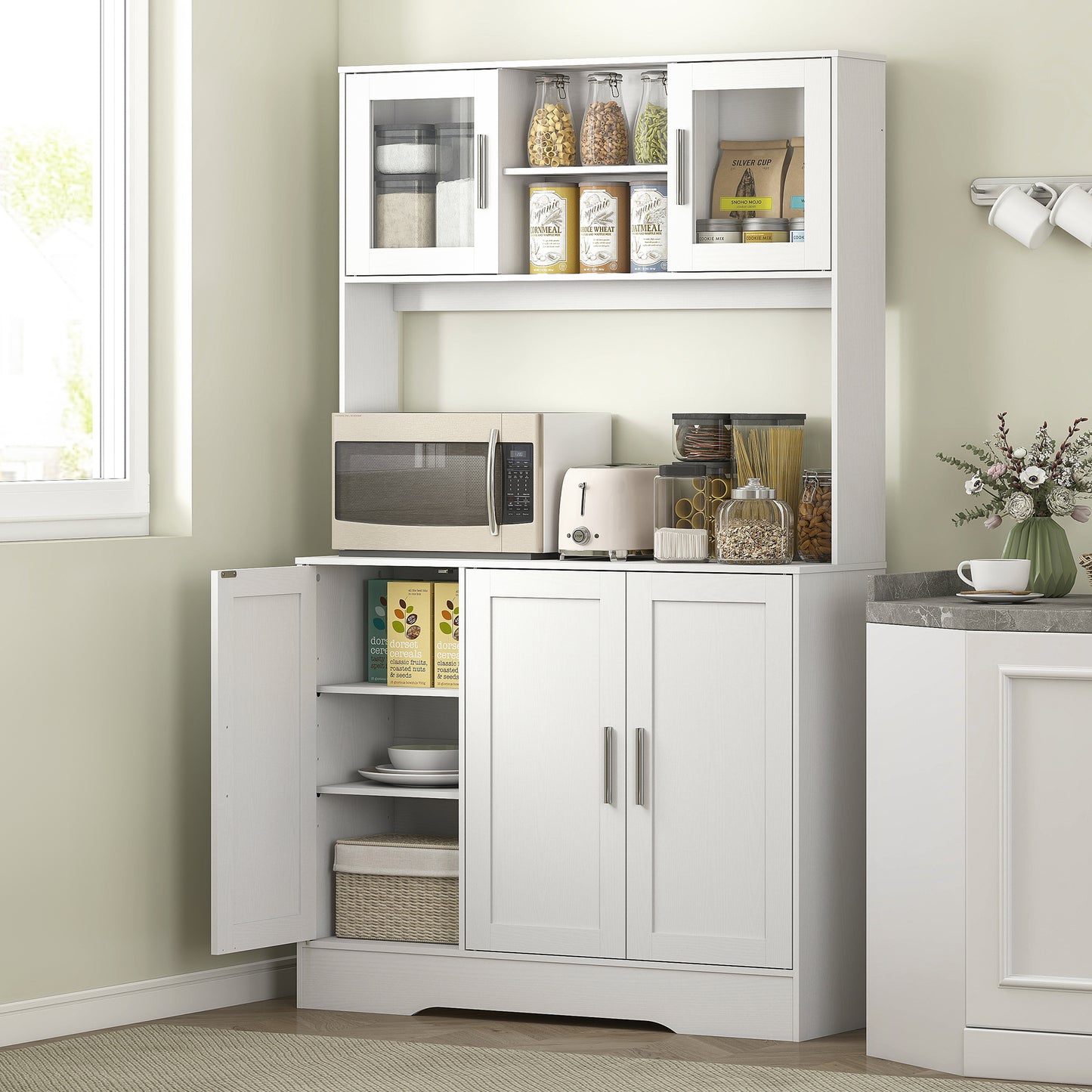 HOMCOM Küchenschrank, Skandinavisches Design, 4 Schränke, verstellbare Regale, Glastüren, offene Fläche, Spanplatte, MDF, Weiß