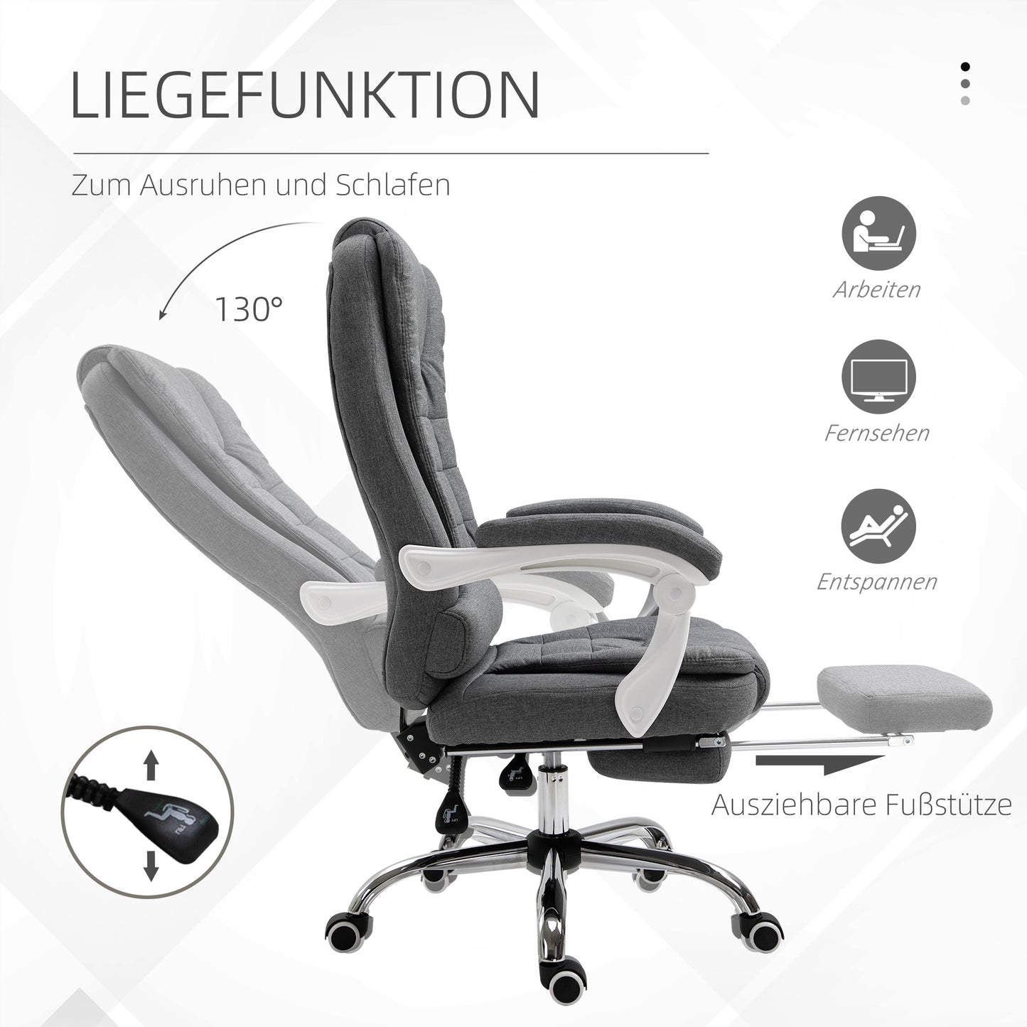 Vinsetto Bürostuhl mit ausklappbarer Fußstütze، Chefsessel، verstellbare Rückenlehne، Leinenoptik، غراو