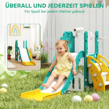 AIYAPLAY 5-in-1 Kinderrutschenset, Teleskop, Basketballkorb, Kunststoff, Gelb+Grün