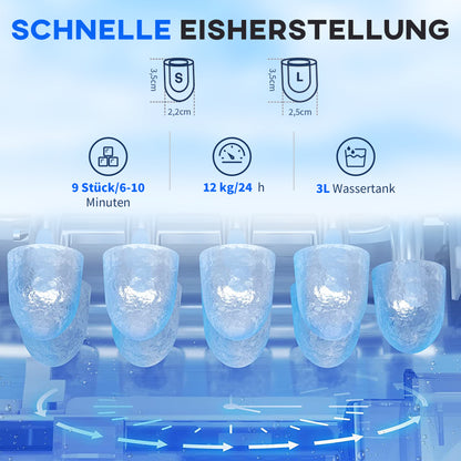 HOMCOM Eiswürfelmaschine Eiswürfelbereiter Ice-Maker, Timer-Funktion, 1,2 L Wassertank, Silber