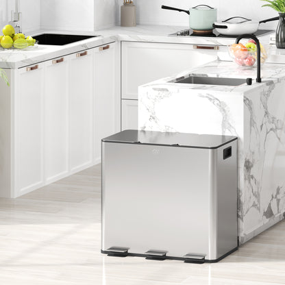HOMCOM Mülleimer mit 3 x 20 L Fächern, Deodorant-Deckel, fingerabdrucksicher, Soft-Close, herausnehmbar, Silber